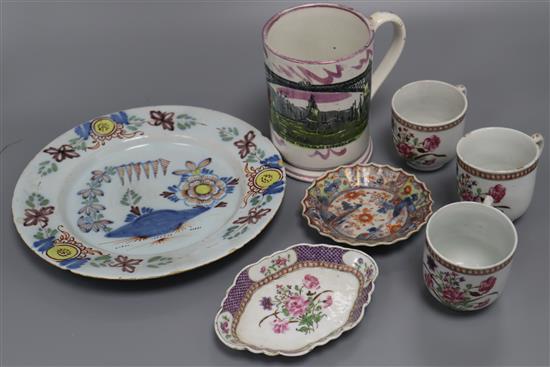 An English Delft plate, Chinese teaware, Sunderland pink lustre frog mug, etc.